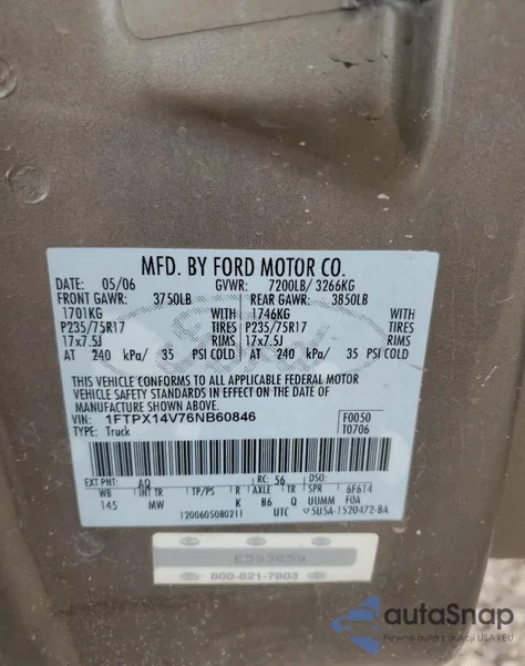 2006 Ford F150 из США, поврежденный, VIN 1FTPX14V76NB60846